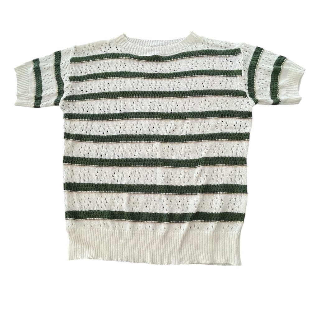 Cream and Green Striped Knit Sweater Size S
